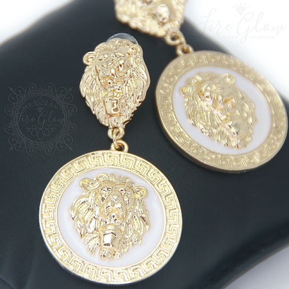 White and Gold Tone Framed Lion Earrings - Picture 7 of 8